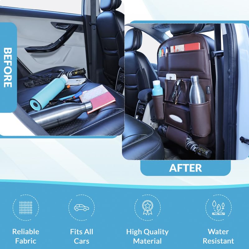 NEODRIFT 'Seat Master Lite' Premium 7D Car Seat Organizer, Universal Fit, Multi-Pocket Storage for Bottles, Mobile, Keys, Documents, Tissues (Color: Coffee) (Set of 2) - Image 7 thumbnail