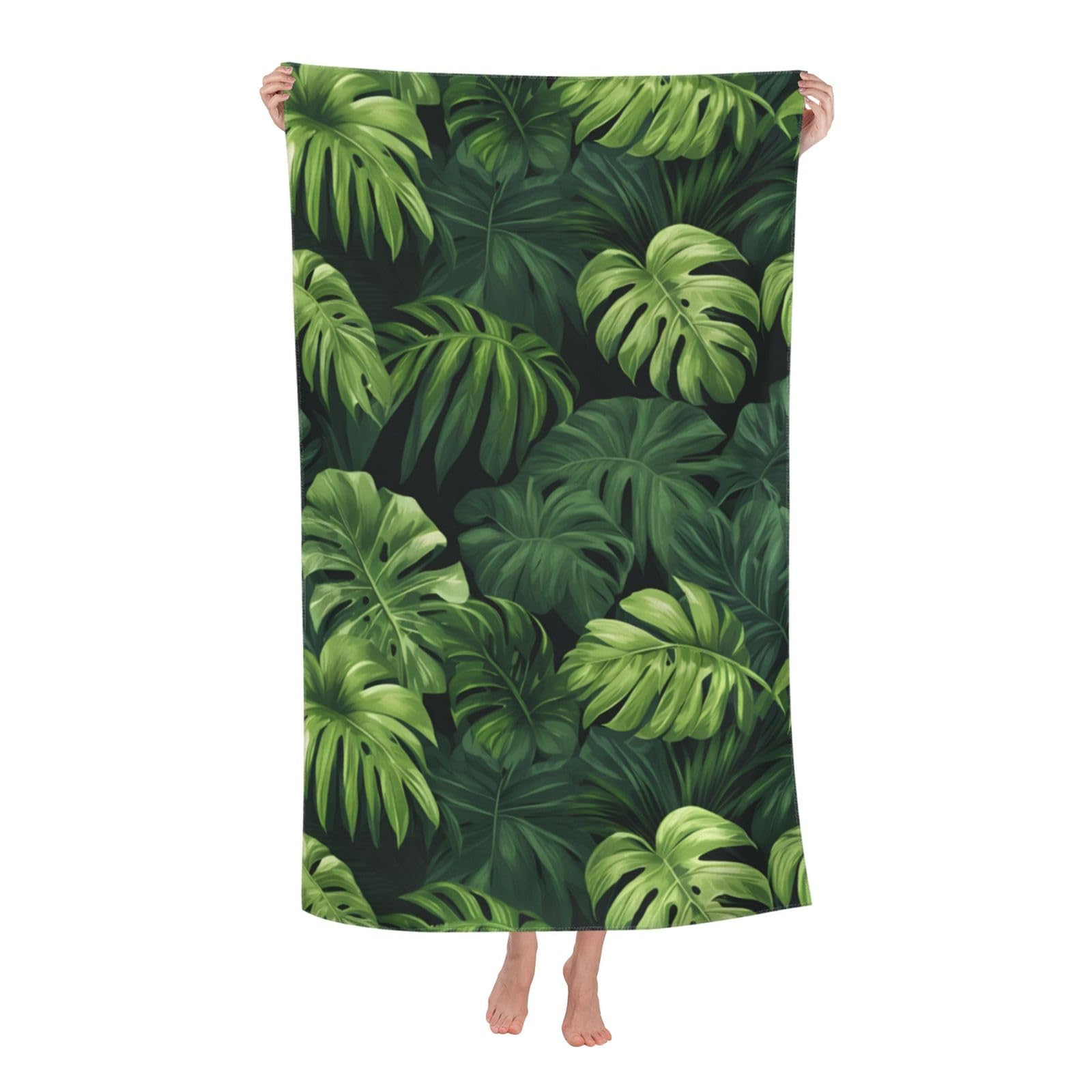 Pojknbv White Green Tropical Leaves Print Oversized Adult Beach Towel Quick-Dry Comfortable Lightweight Travel Pool Camping