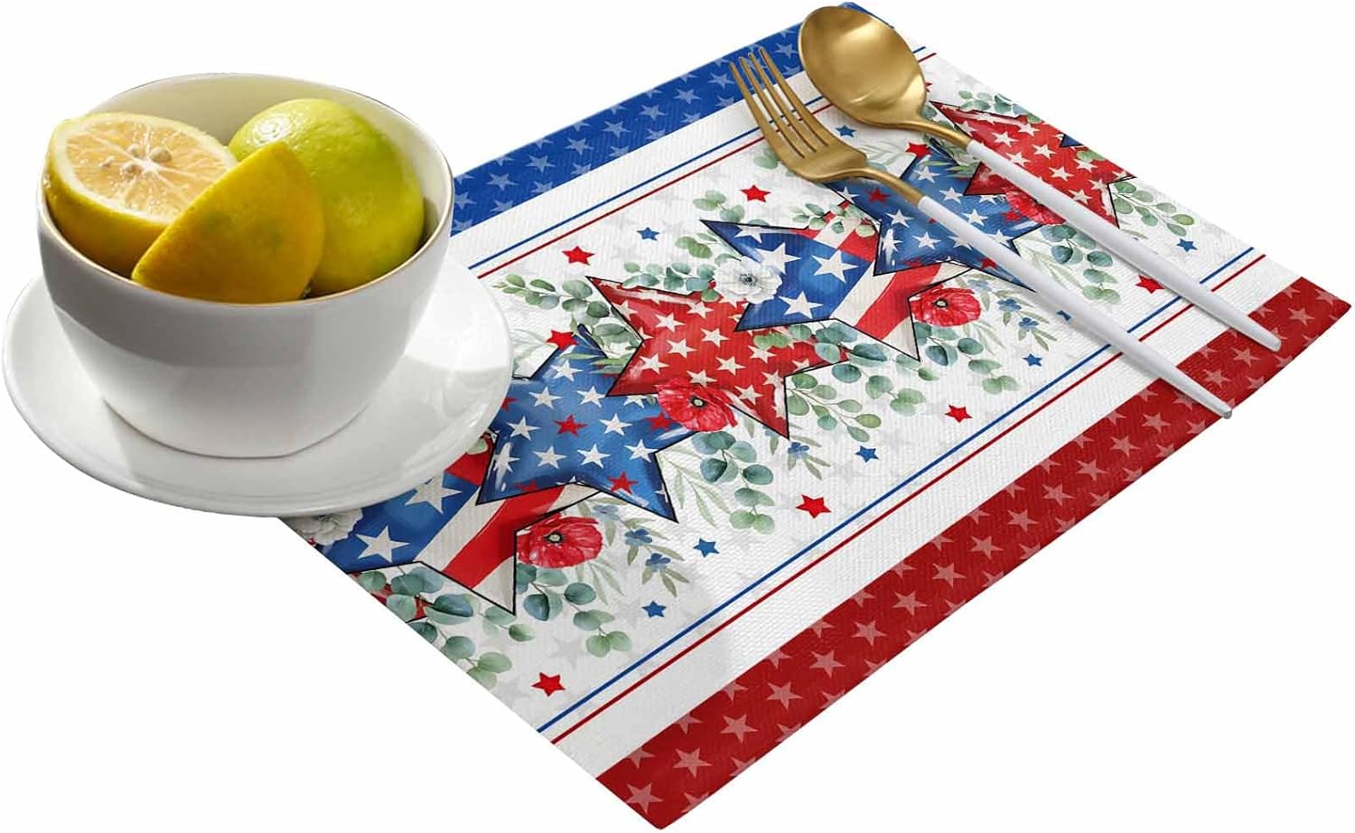 Independence Day Placemats Set of 6, Eucalyptus Leaves Poppy Flower American Flag 4th of July Star Blue Red Stripes Heat Resistant Burlap Place Mats for Dining Table Kitchen Party Holiday 13''x19''