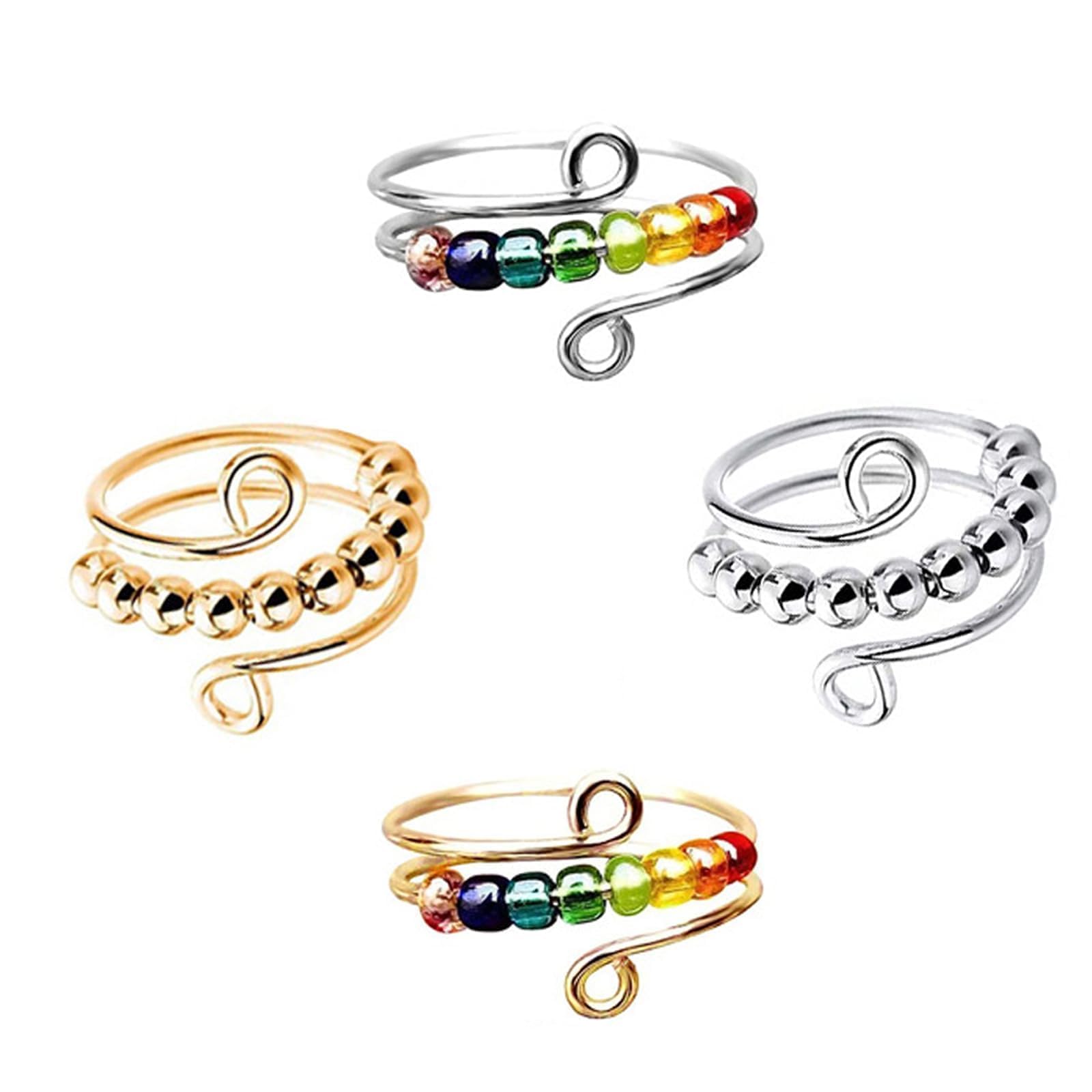 VIKY 4 Stück Verstellbare Anti Stress Ring, Linderung von Ängsten Anxiety Ring Bunte, Angst Spinning Ringe mit Perlen,Offene Fidget Rings, Antistress Ringe Stressringe für Mädchen und Frauen