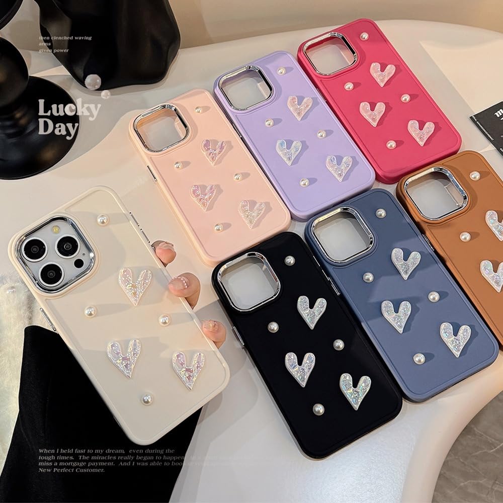 LSOUGUK Compatible with iPhone 13/iPhone 14 Case for Girls Women,Cute 3D Love Heart Pearl Design Protection Case Slim Soft TPU Shockproof Protective Cover for iPhone 13/14-Purple - Image 2