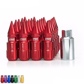 EPMAN Racing Aluminum Lock Locking Lug Nuts With Spikes 12x1.25 W/Key For Nissan Subaru Suzuki Red, Pack Of 20