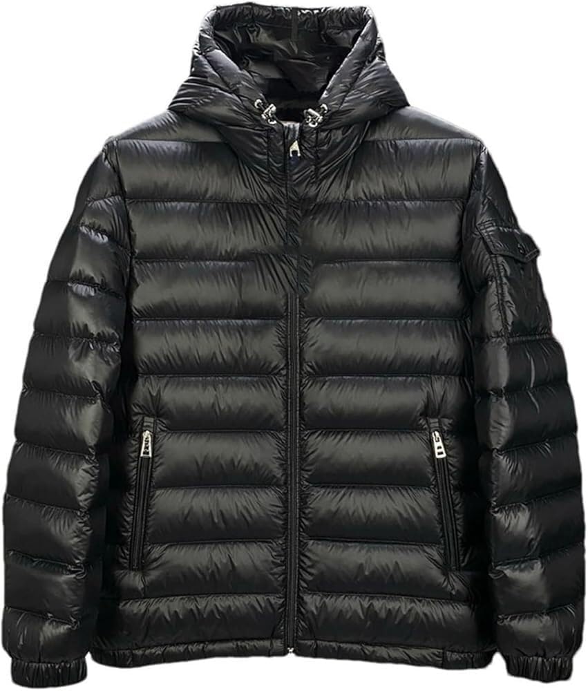 Mens Shiny Puffer Jacket Warm Hooded Quilted Coat Zip Snap Placket Multi Pockets Glossy Urban Winter Outwear Black