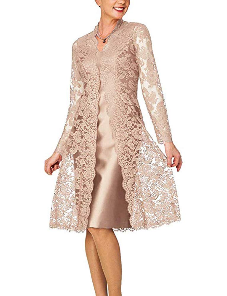 Leader of the Beauty Women's 2 Pieces Mother of The Bride Dresses Tea Length Women's Formal Dresses with Lace Jacket 20 Champagne