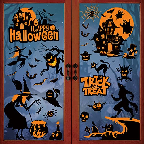 Vancavoo Pegatinas de Ventana de Halloween Doble Cara Pegatinas para Ventanas Casa Embrujada de Luna Decoración para Halloween Reutilizables Calcomanías 9 Hojas para Fiesta de Halloween