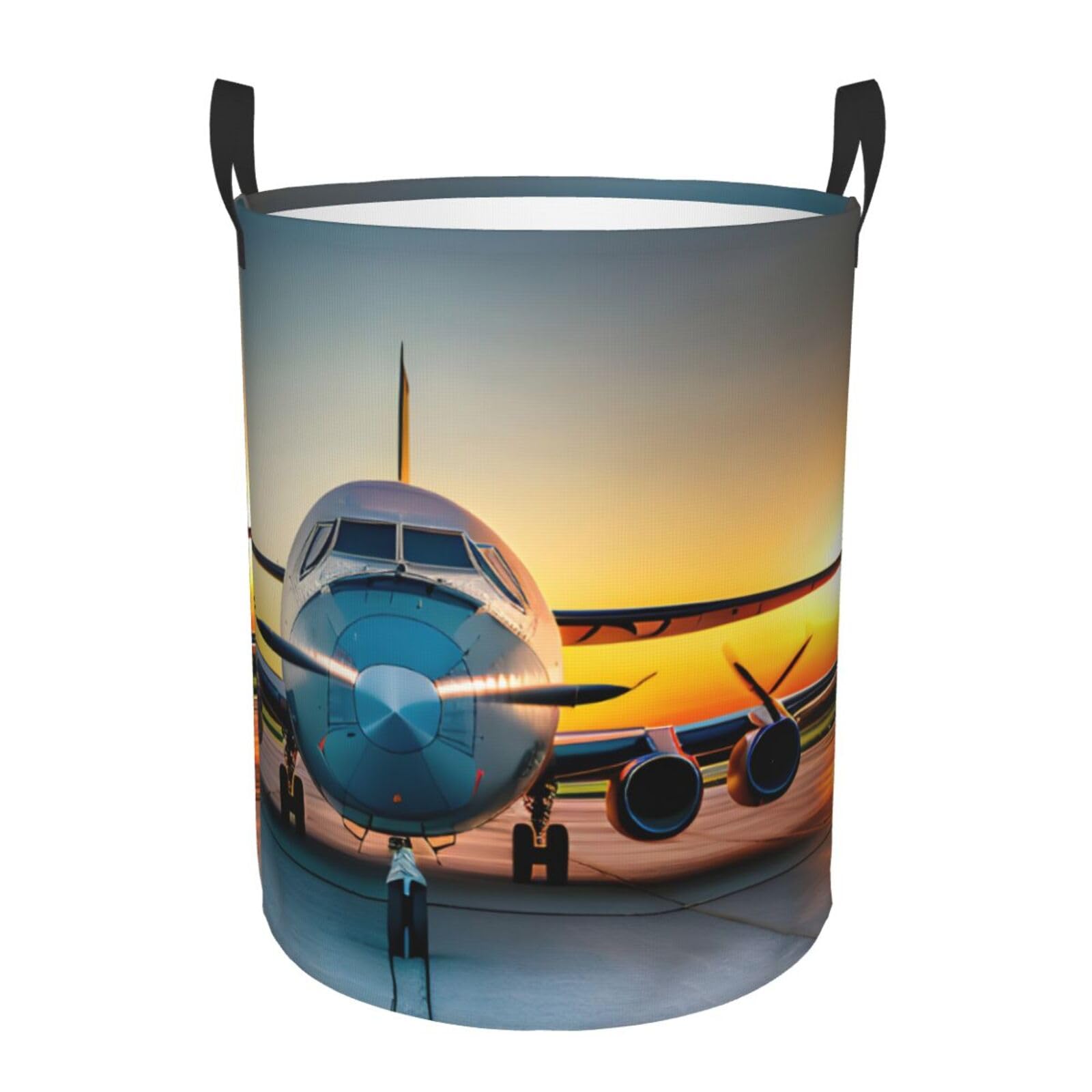 S Collapsible Round Aircraft Plane at Sunsets Print Laundry Hamper