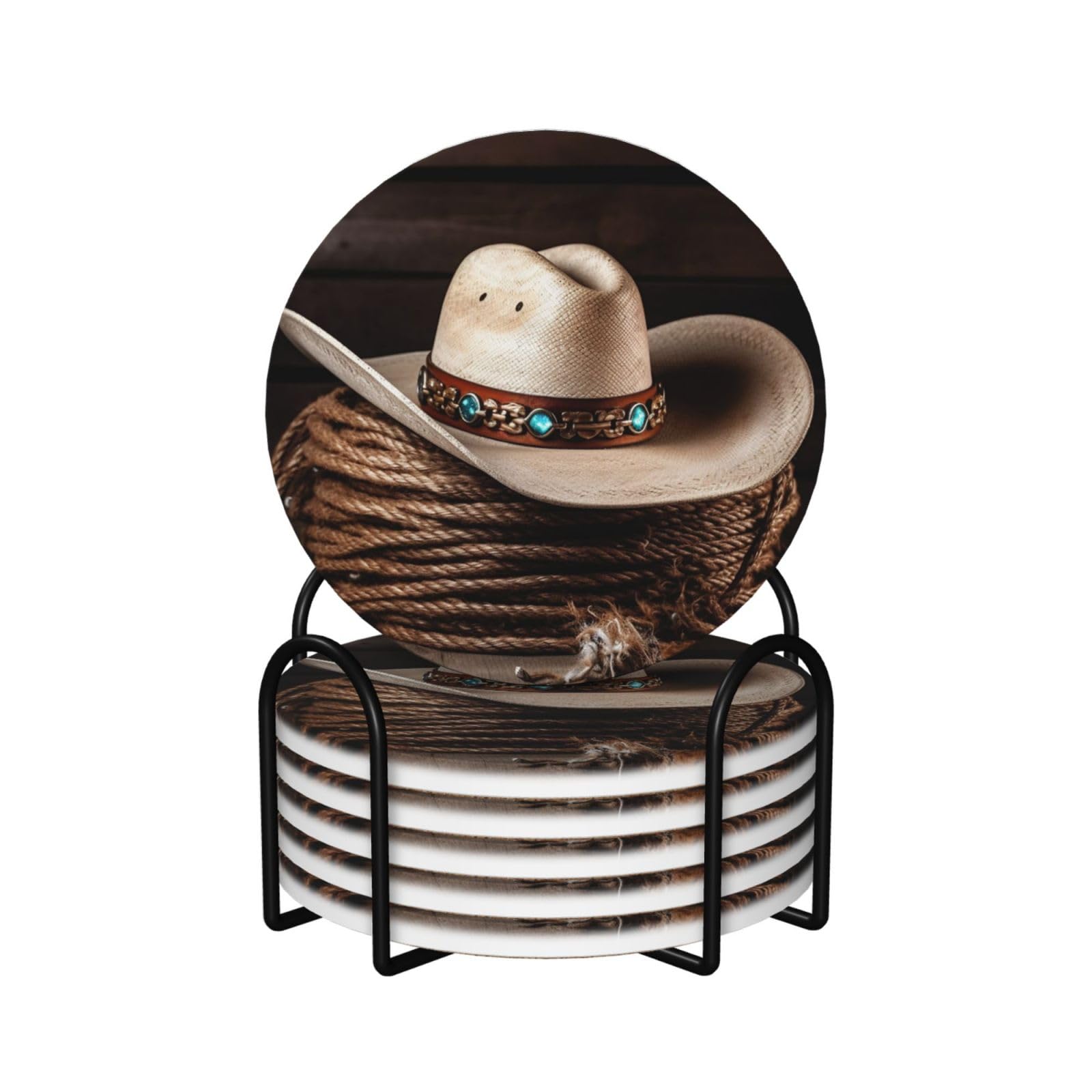 6Pcs Ceramics Coaster for Drinks, American West Rodeo Hat Cup Coasters with Holder, Aesthetic Drink Coasters for Coffee Table, Absorbent Round Coaster for Tabletop Protection 4" Cup Mat Pad