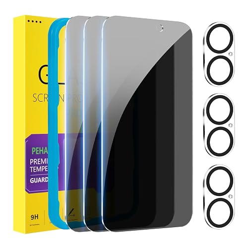 PEHAEL 3+3 Pack for iPhone 16 Plus Privacy Screen Protector with Camera Lens Protector Full Coverage Anti-Spy Tempered Glass Film 9H Hardness Easy Installation Bubble Free [6.7 inch]