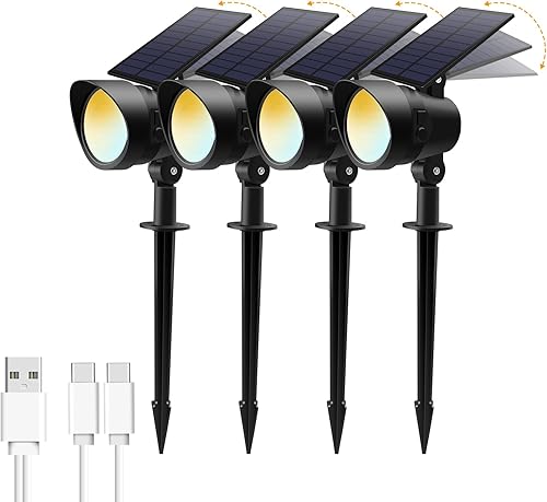 Solar Spot Lights Outdoor with 3 Lighting Modes, Solar Led Landscape Lights with Solar & USB Charging, Flood Lights Outdoor Patio Decor Lights IP65