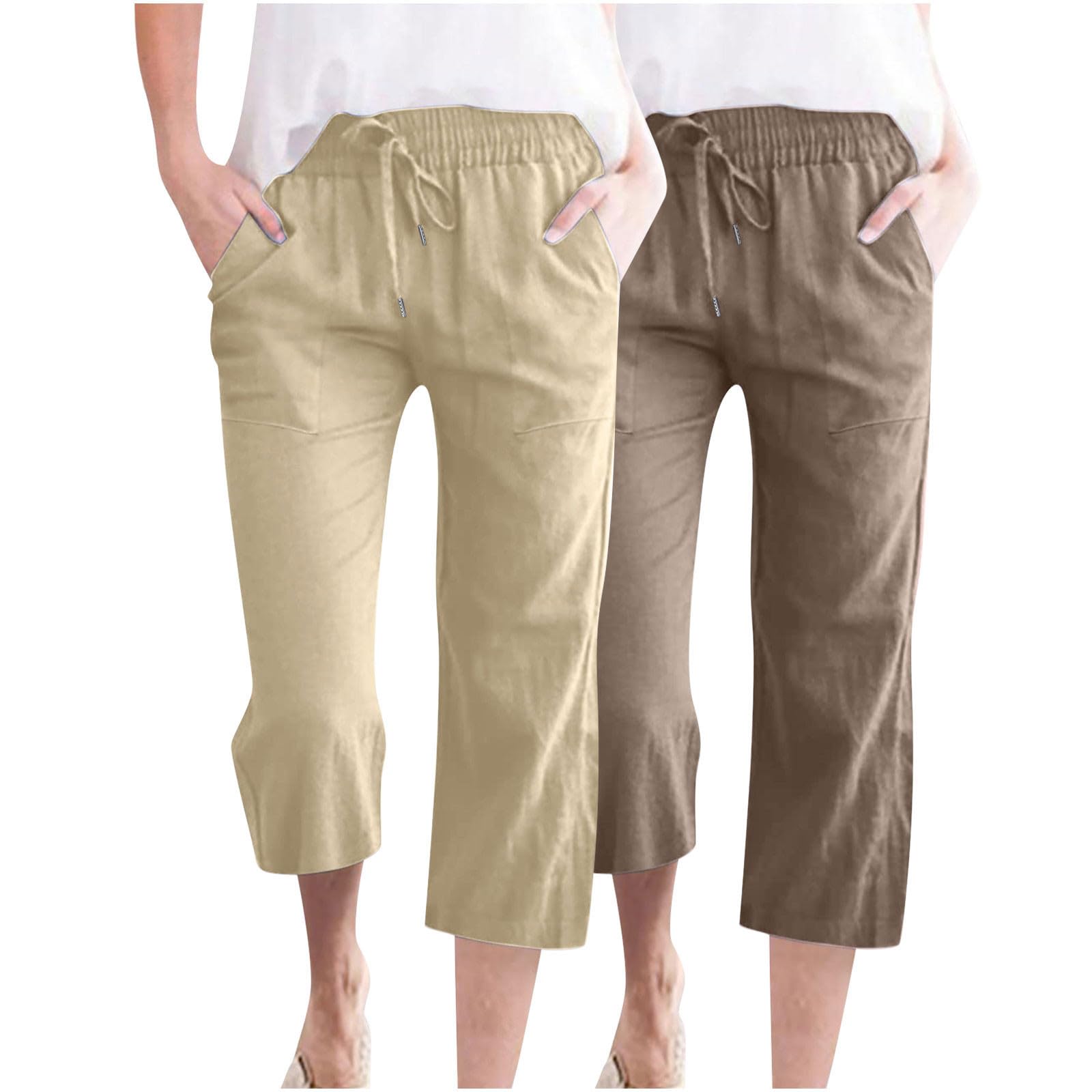 Cotton Linen Capris for Women Drawstring Elastic High Waist Cropped Pants Casual Loose Trouser 2 Pack(#1 Khaki,XX-Large)