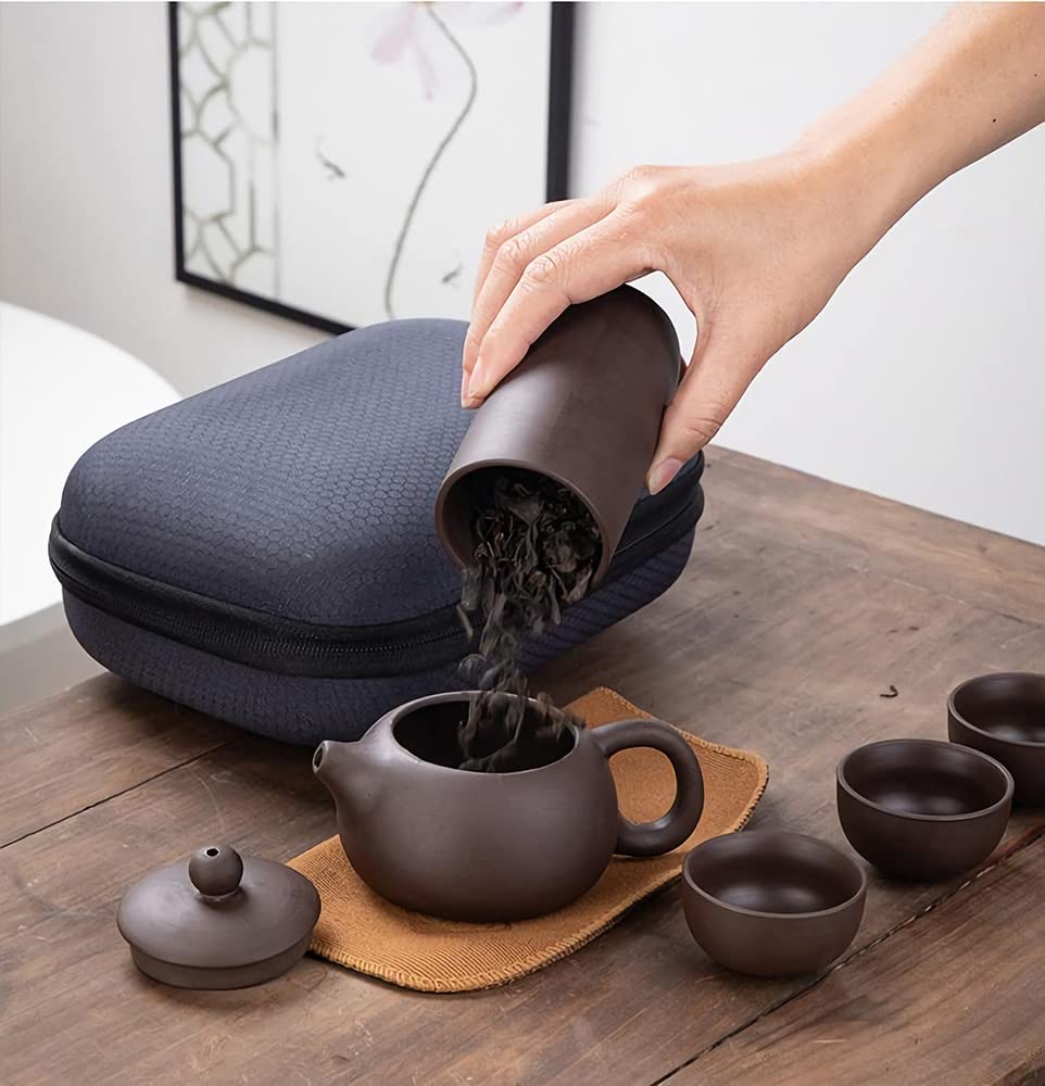 Juego de Té 7 Piezas Cerámica China Servicio de Té Pequeño con Tetera de 130ml y 4 Tazas de Té de 30ml Juego de Té Portátil para Viajes como Regalo