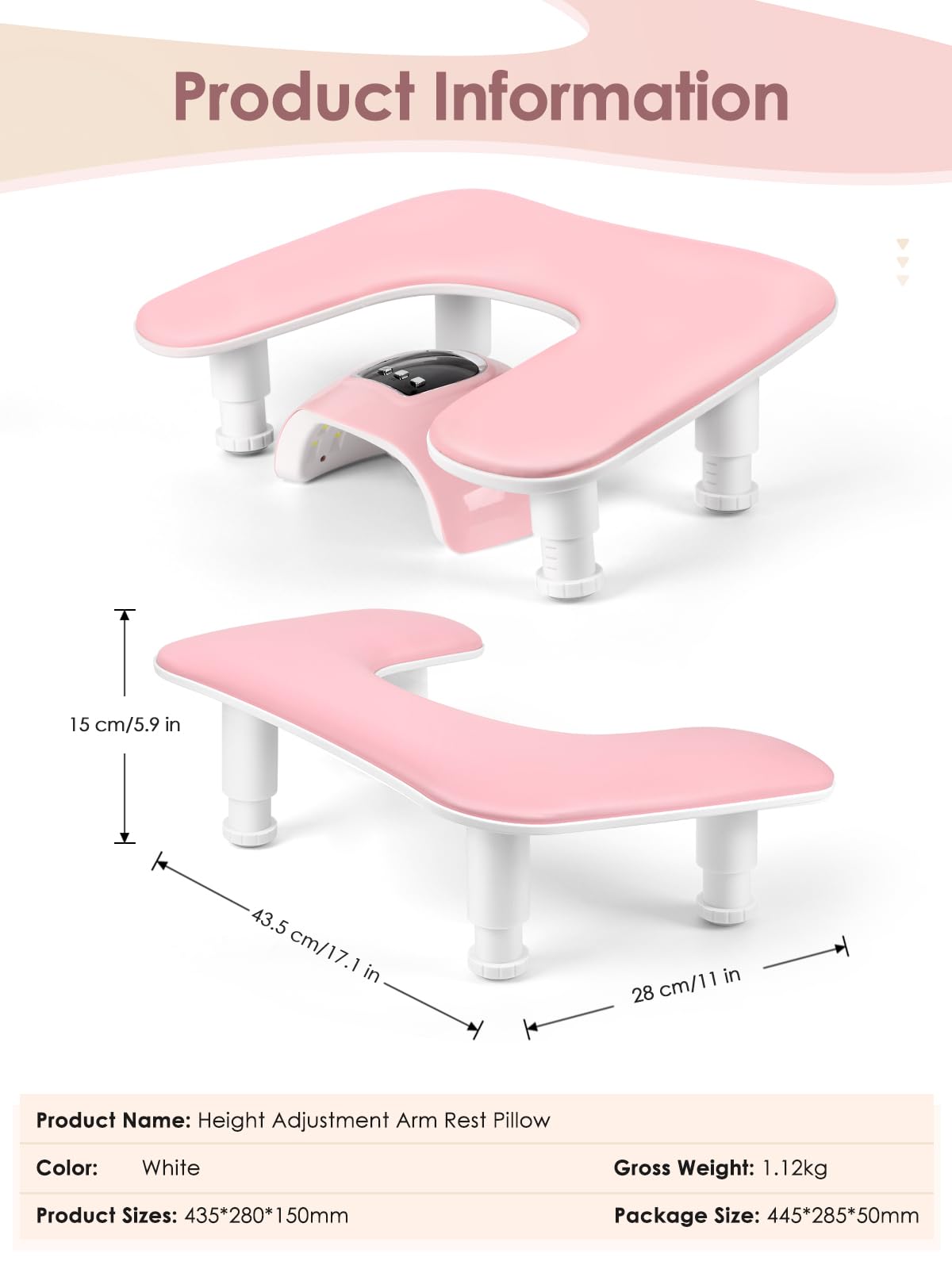Bracciolo per mano a forma di U, poggiamani per unghie, colore rosa, per amanti della nail art, salone di nail art, per principianti e professionisti（Rosa)