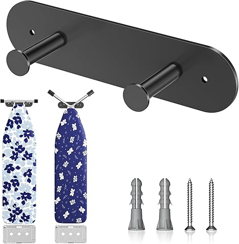 Miniatura 10 de Soporte para tabla de planchar para montaje en pared, colgador de tabla de planchar con ganchos extraíbles, gancho para tablas de planchar de acero