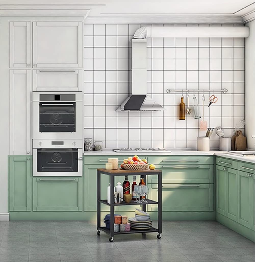 Meerveil Carrello industriale cucina con rack di stoccaggio a 3 piani, vintage con ruote, ripiano in legno e telaio in metallo