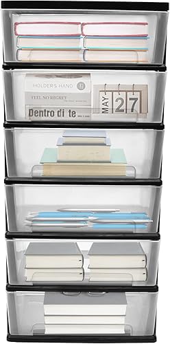 Xuthusman Drawer Tower6 Drawer Clear Plastic Storage Organizer CartBlack Frame Organizing Containers With WheelsRolling Drawer Cart for Clothes