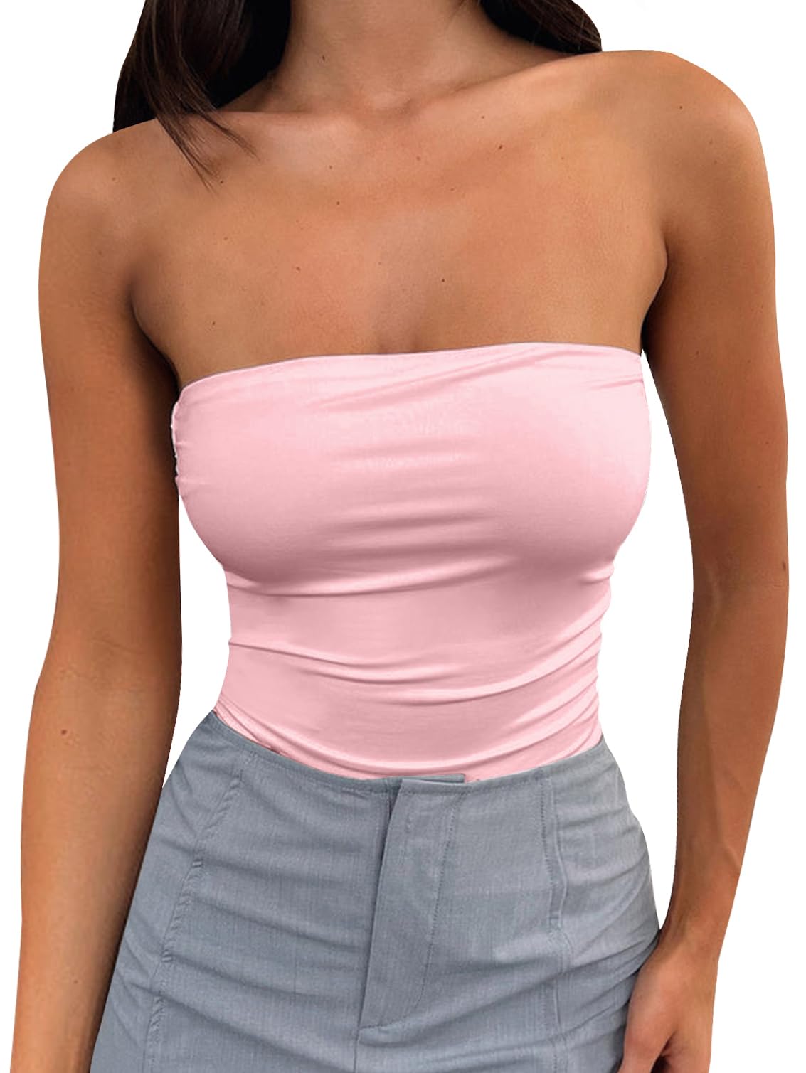 eoeoo Women's Strapless Tube Bodysuit Double Lined Slim Fit Backless Thong Bodysuits Tops