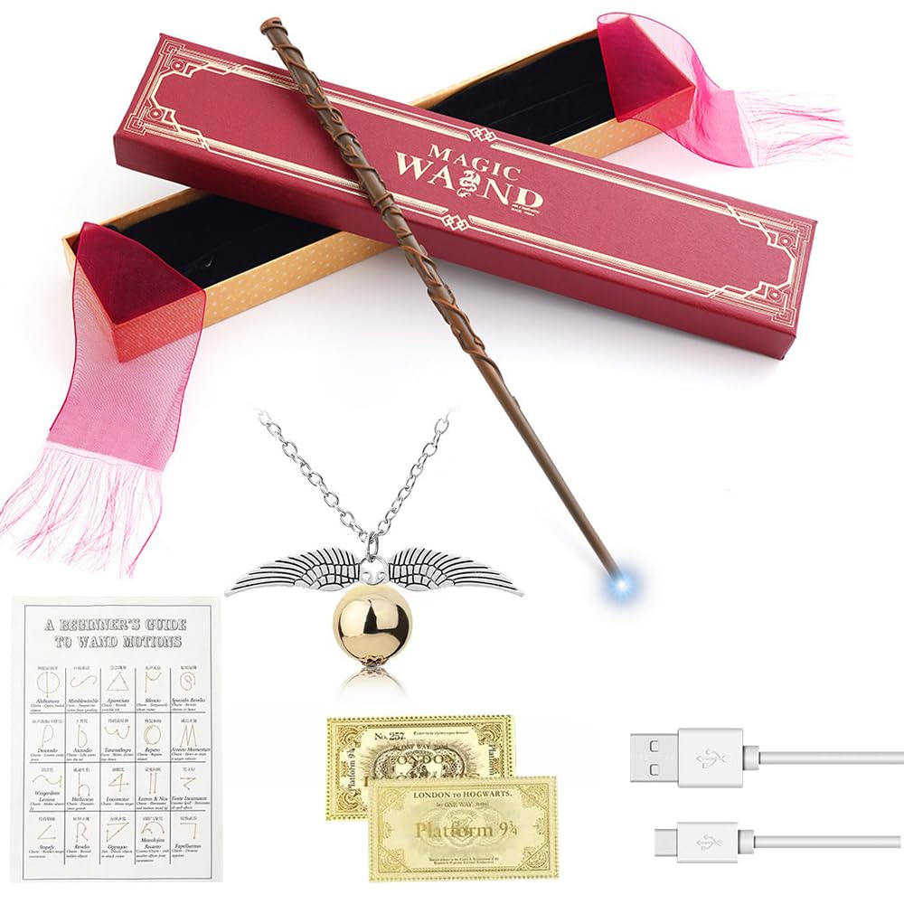 XEERUN Hermione Granger Wand, 38CM Light Up Magic Hermione Wand, USB Charging Glow Magic Wand, Hand Carved Wands in Gift Box with Spell Card, Station Ticket, Necklace for Cosplay