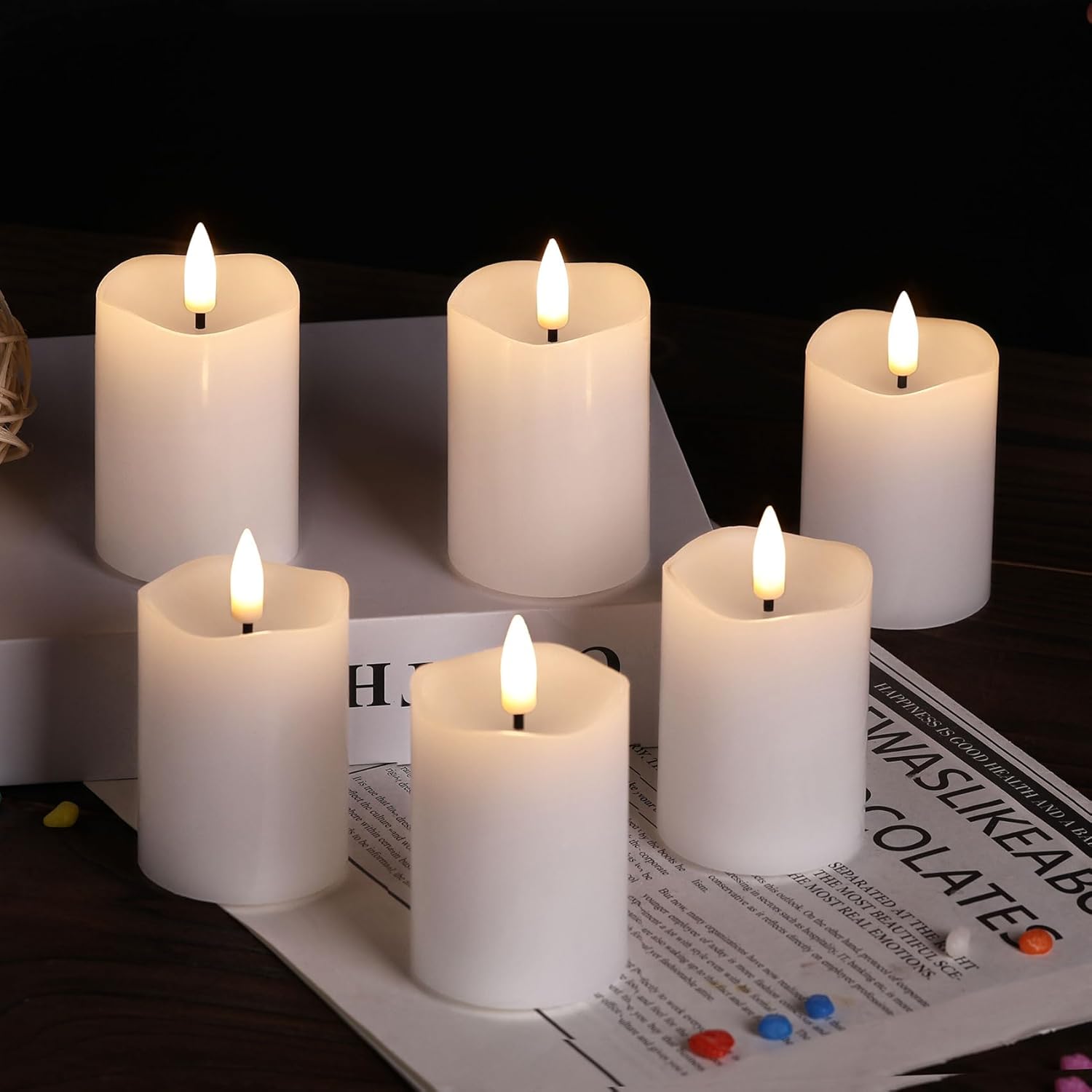 White Flameless Votive Candles with Remote Batteries, 2x3 inch Small LED Wax Pillar Candles Flickering Set of 6