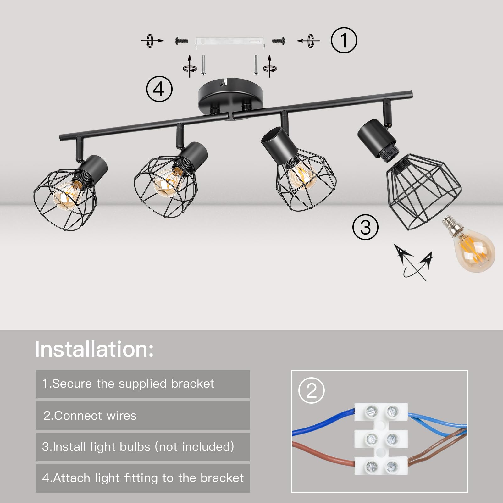 Dehobo Faretti da Soffitto con 4 Faretti Orientabili, Lampada da Soffitto Led Moderno Industriale in Metallo Nero, Luci da Soffitto per Soggiorno Corridoio, Lampadine E14 non Incluse Max. 40W