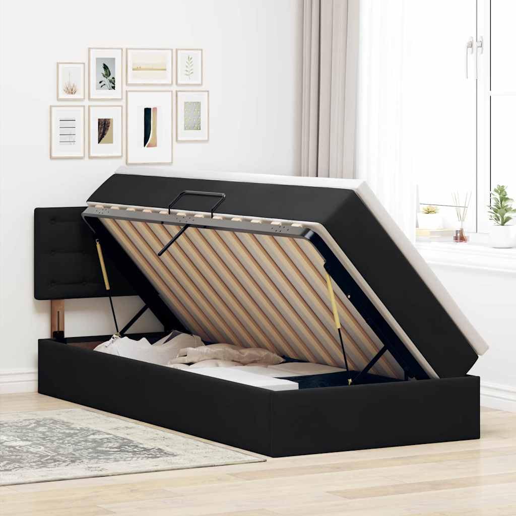 Cama de almacenamiento LED con colchón, 100 x 200 cm, terciopelo negro, cabecero ajustable, tira LED USB, cama de almacenamiento, colchón de muelles ensacados para la comodidad del dormitorio