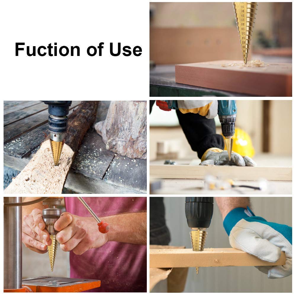 1/4"-3/4" Metric Titanium Coated Step Drill Bit Set, HSS Cone Drill Bit with 1/4" Hex Shank Drive Quick Change for DIY Woodworking, Plastic Wood