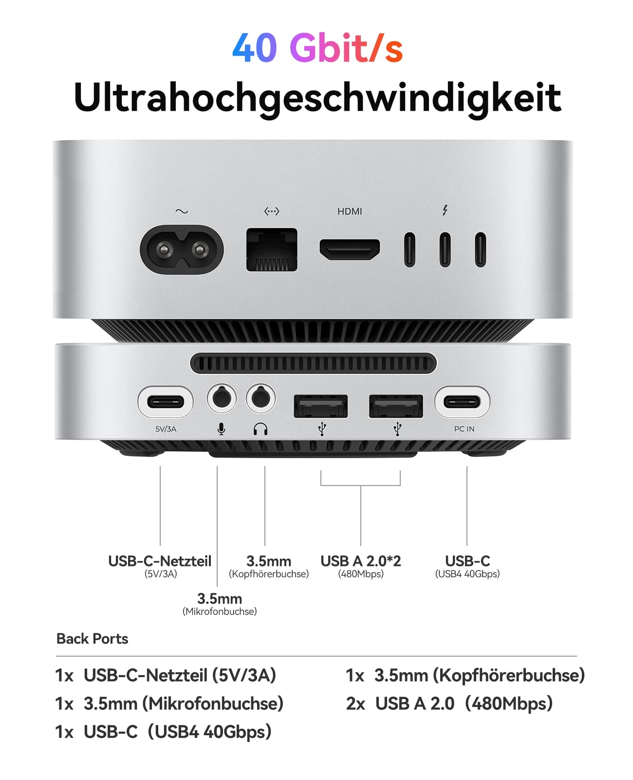 ORICO MiniMate Pro+ 40Gbps USB4-Dock für Mac mini M4/M4 Pro 2025. Aluminium, 2TB NVMe SSD (Nicht abnehmbar), 3,5mm Audio, 2×USB-A. Perfekter Stand & Hub in einem.