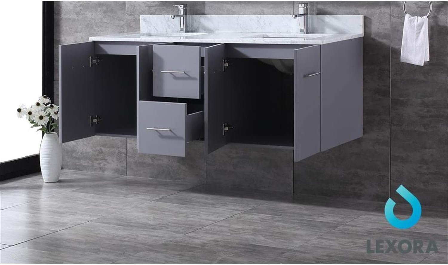 Geneva 60 in. W x 22 in. D Dark Grey Double Bath Vanity, Carrara Marble Top, Faucet Set and 60 in. LED Mirror
