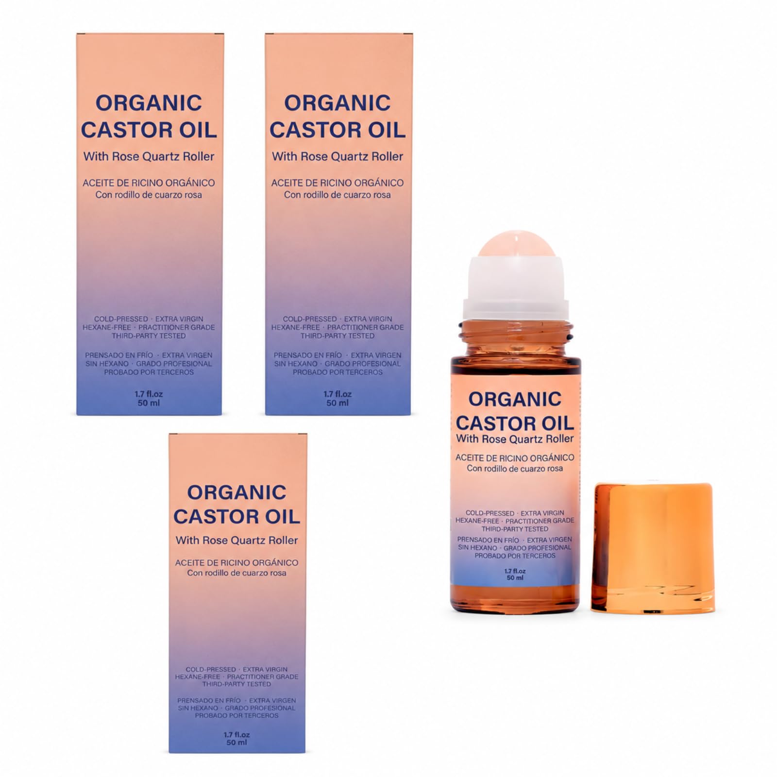Organic Castor Oil Roll-On, Rosa Quarzo Roller, Cold Pressed, 50 ml | Gentle Skin Care, Natural Castor Oil for Face, Body, Hair, Eyelashes and Eye Area, for All Skin Types