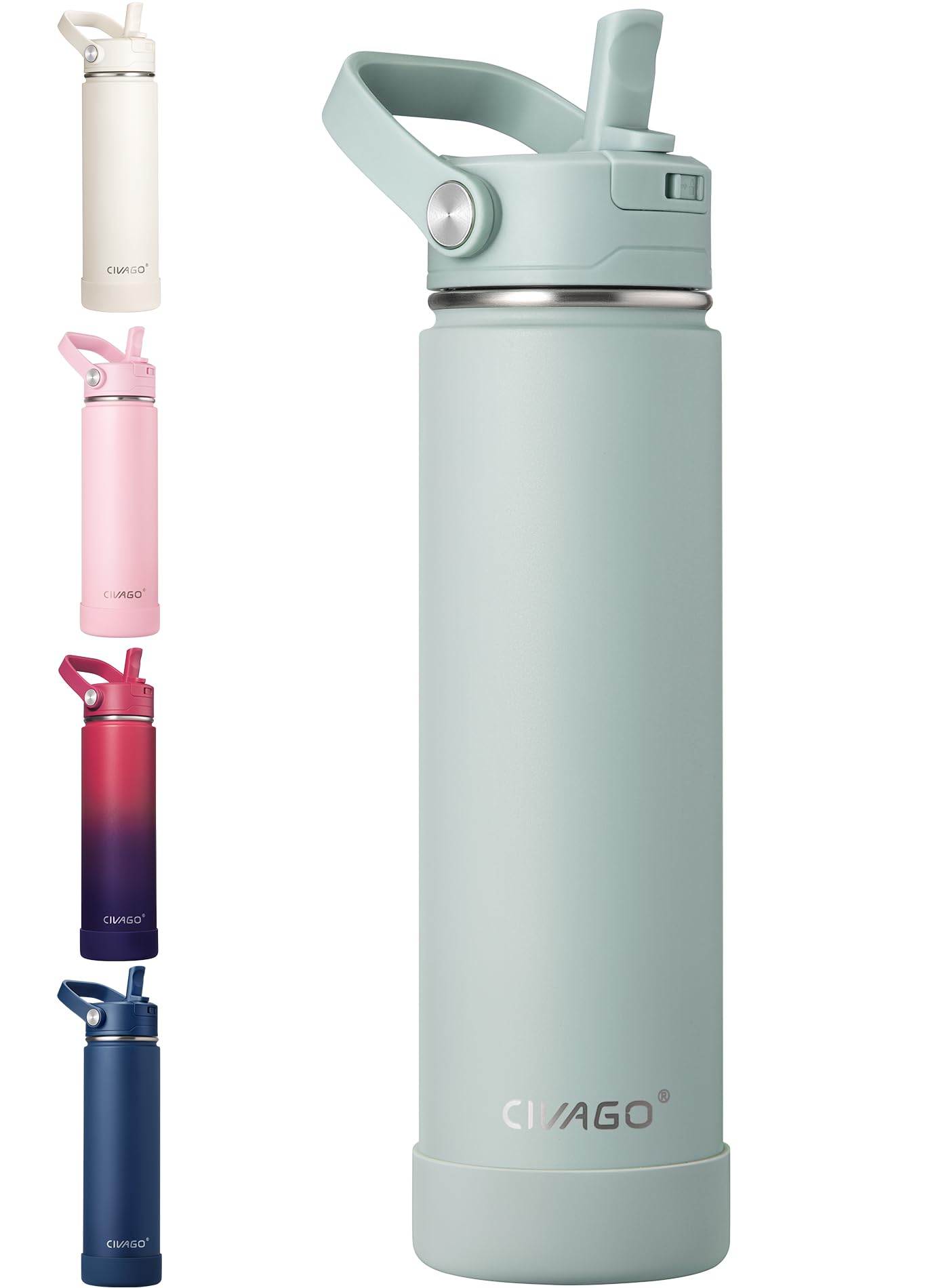 CIVAGO Insulated Stainless Steel Water Bottle with Detachable Straw, 750ml Metal Sports Drink Bottle with Bucket Handle, Leakproof Reusable Flask with Silicone Boot for Travel, Dishwasher Safe, Sage
