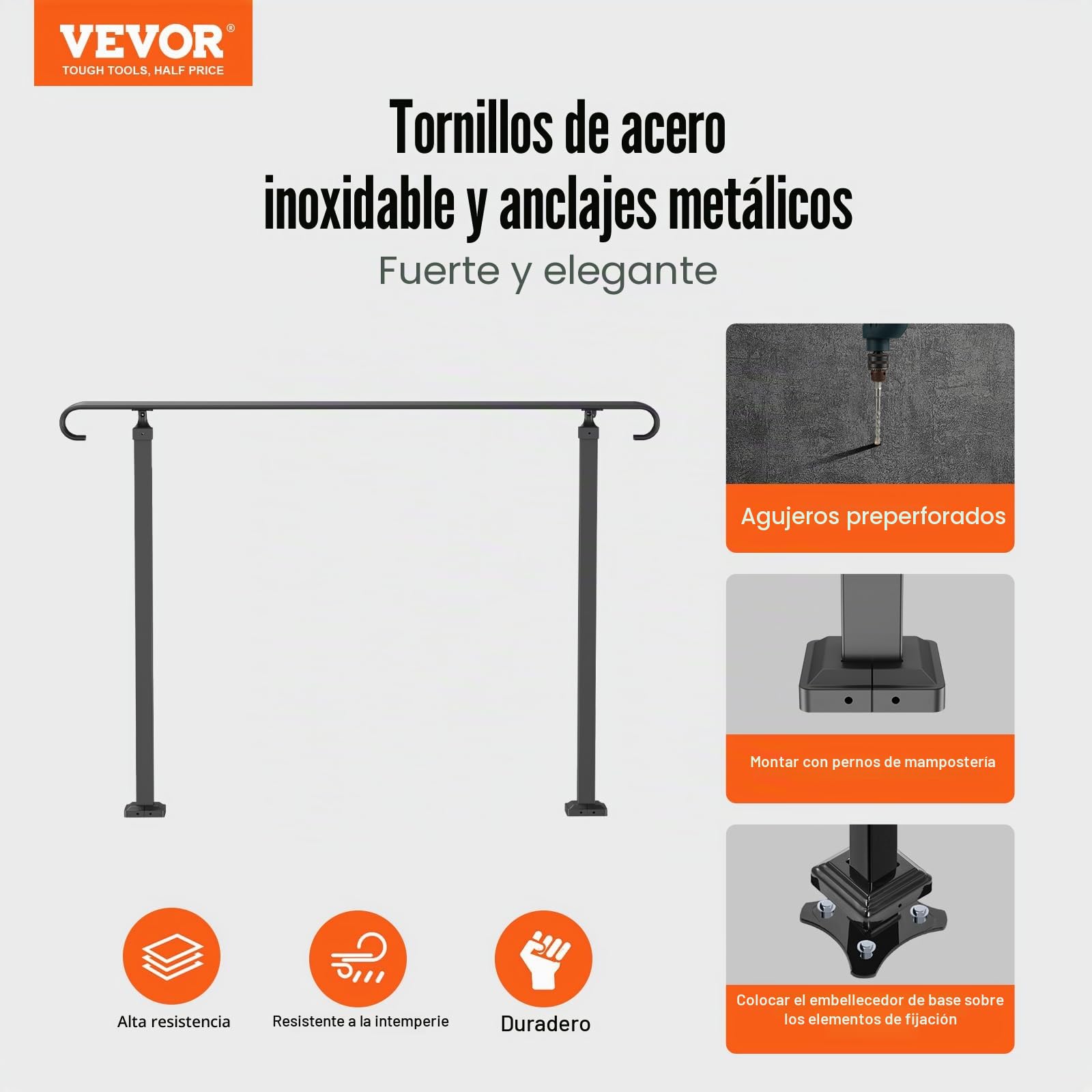 VEVOR Barandilla de Escalera Exterior 140 x 13,5 x 97 cm Barandilla de Hierro Forjado Altura y Ángulo Ajustable Pasamanos Exterior Portal para 3 Escalones Barandilla de Escalera Negro Entrada Jardín