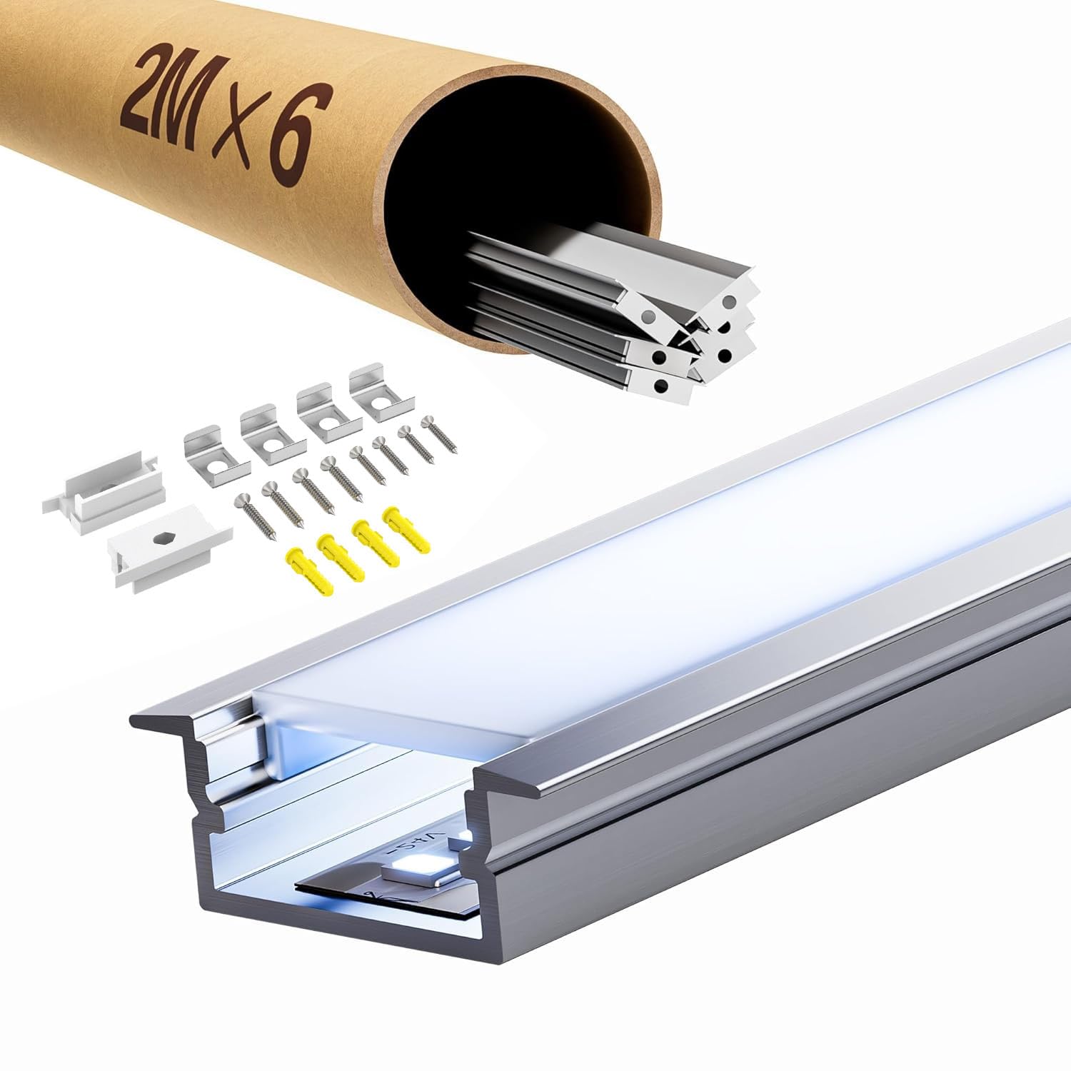LED Profil Schiene 2m aus eloxiertem Aluminium, Aluminium Profil passend für 15mm Streifen, mit opalem Diffusor (SP23, 6 Stück (12 m))