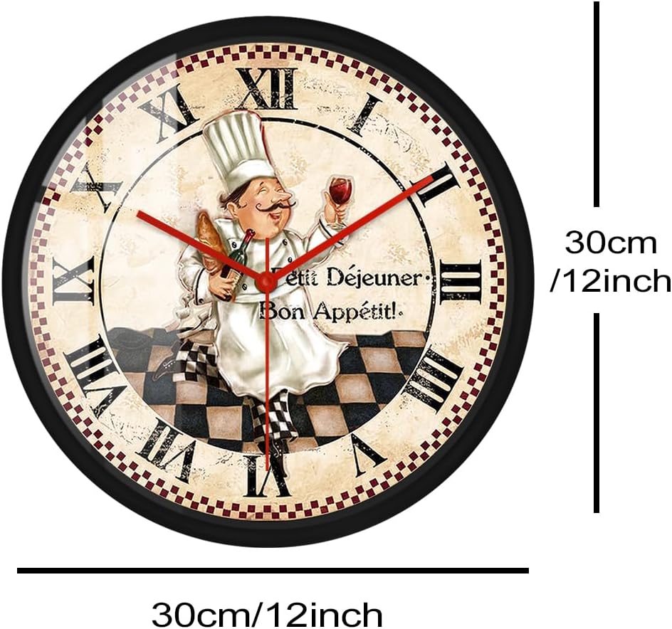 Kitchen Clock with Black Frame, 12'' Vintage Decorative Kitchen Wall Clock Roman Numerals Wall Clock Watch Silent Movement Battery Operated for Kitchens Decor Restaurant Dining Room Chef Gift