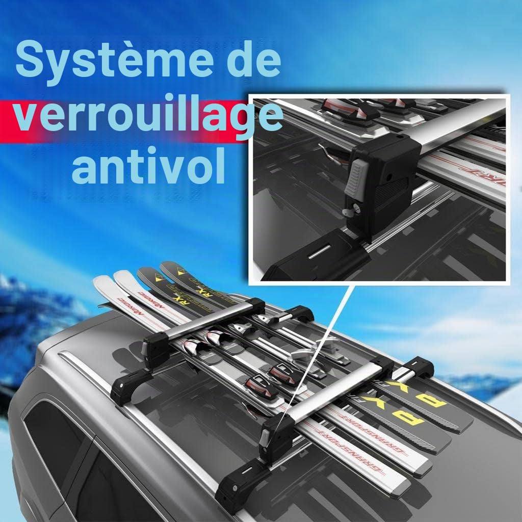 Barre de toit en aluminium + Porte-skis coulissant 4 paires de skis ou 2 snowboards pour CUPRA FORMENTOR à partir de 2020 avec barres latérales ouvertes