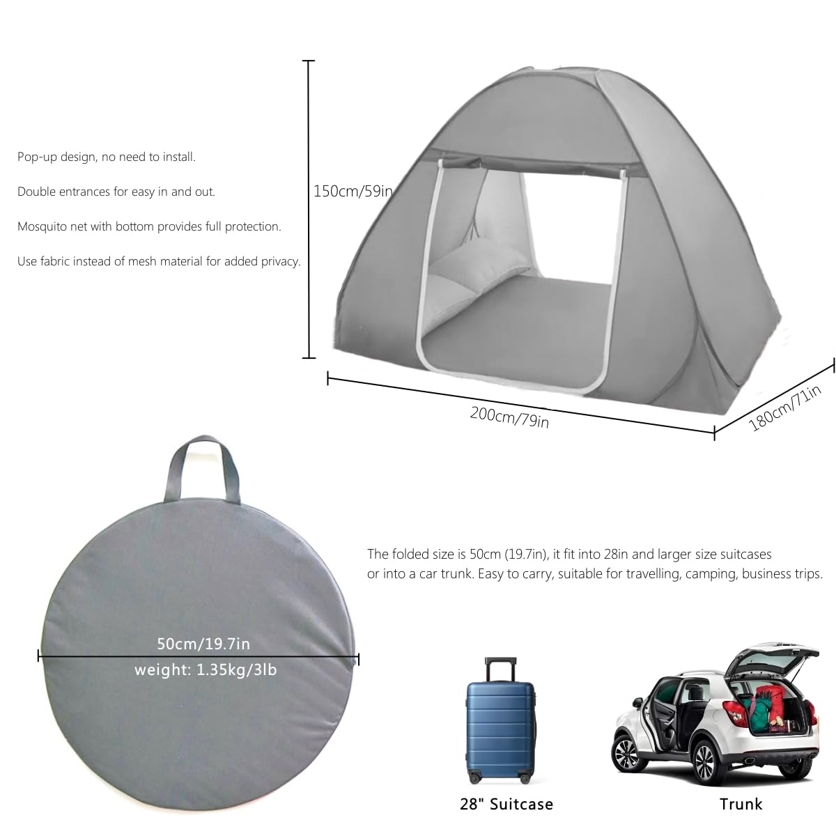 Moskitonetz für Bett, gefaltete Größe, 30,5 cm, tragbares Camping-Reise-Moskitonetz, Pop-Up-Moskitonetz mit doppeltem Einstieg für King-Size-Bett (gefaltet 50,8 cm, grau, 180,3 x 200,7 x 149,9 cm)