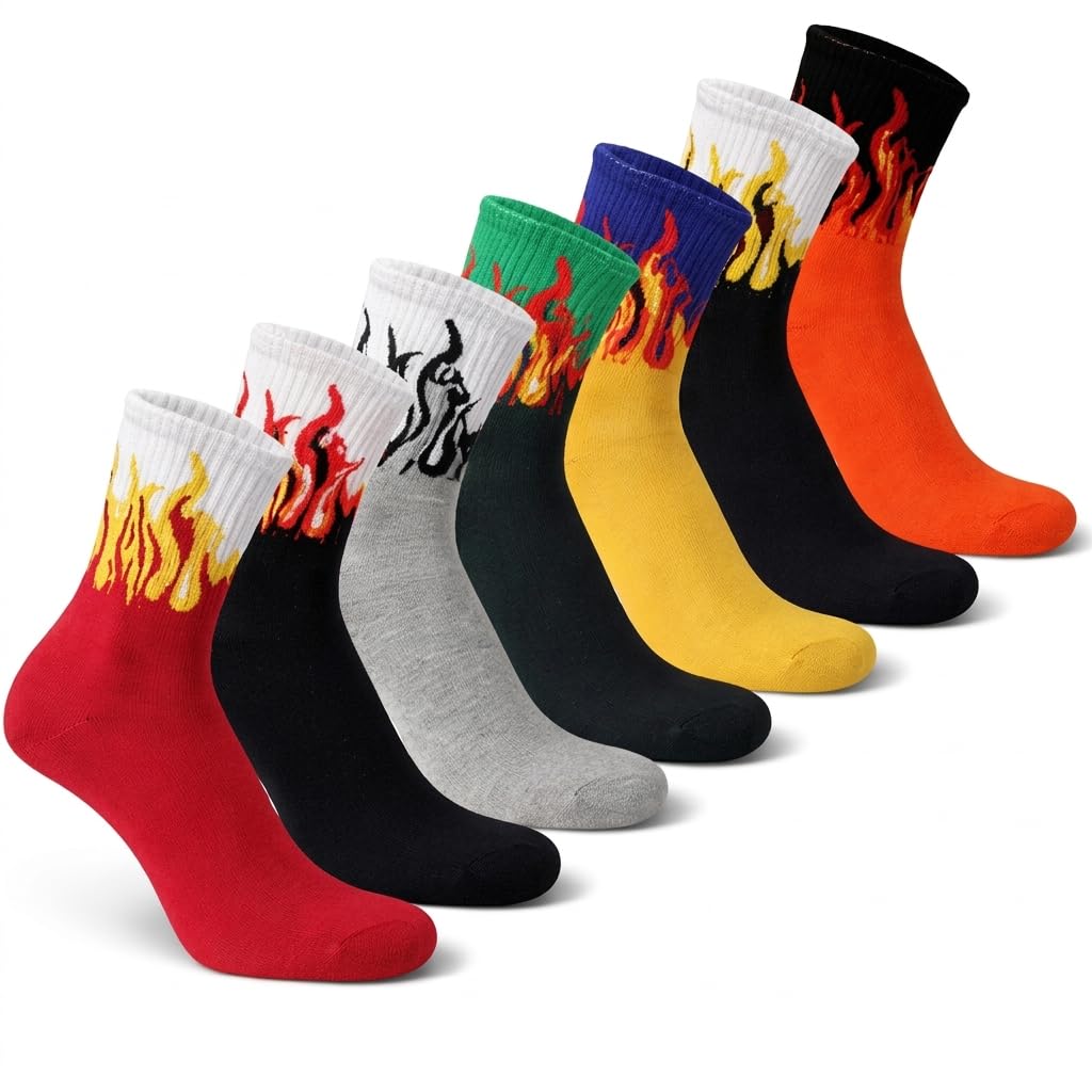Flame Design Crew Socks, Multicolor Cotton Blend, Athletic Style, Novelty Fire Pattern, 7 Pack-image-37