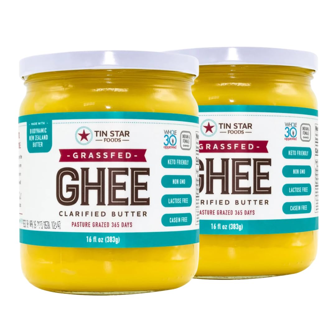 2 PACK Tin Star Foods 16 oz GRASSFED GHEE made with Certified and Sustainably Farmed Grassfed Butter. Traditional Ghee Made In Kettles And Shipped In Glass Jars. Produced In Dallas TX. Desi Style Ghee, Indian Owned Company. Shipped Immediately After Production. Keto, Whole30, Vegetarian