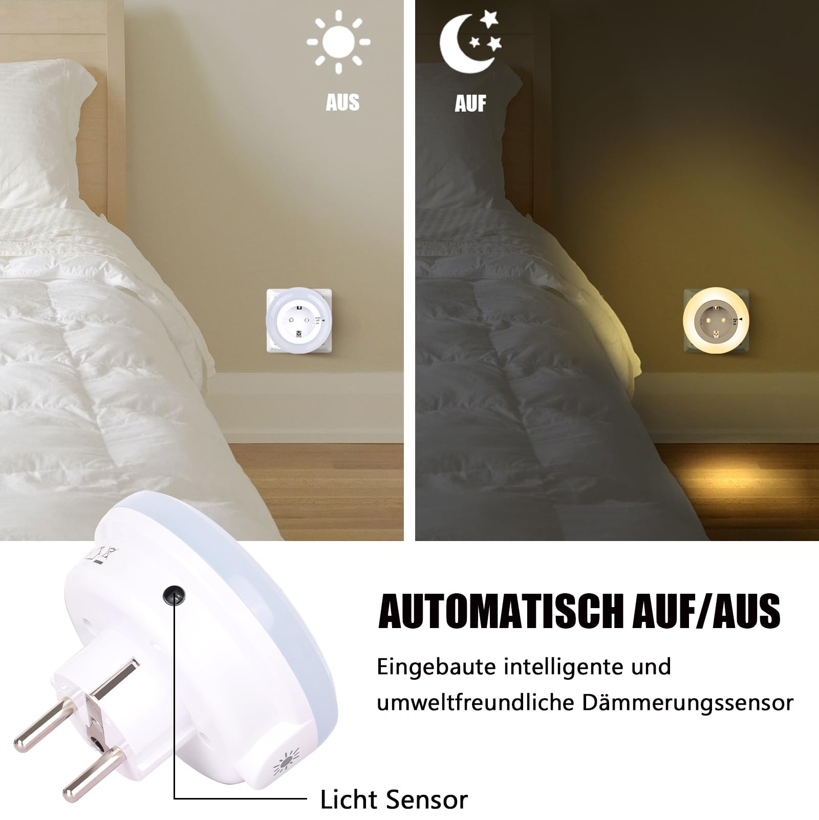 emotionlite Nachtlicht Steckdose mit Dämmerungssensor,LED Nachtlampe Kinder Schutzsteckdose mit Helligkeitssensor, Auto/OFF/ON mit Lichtsensor 3 Helligkeit Einstellbar, warmweiß 2700K (3 Stück)