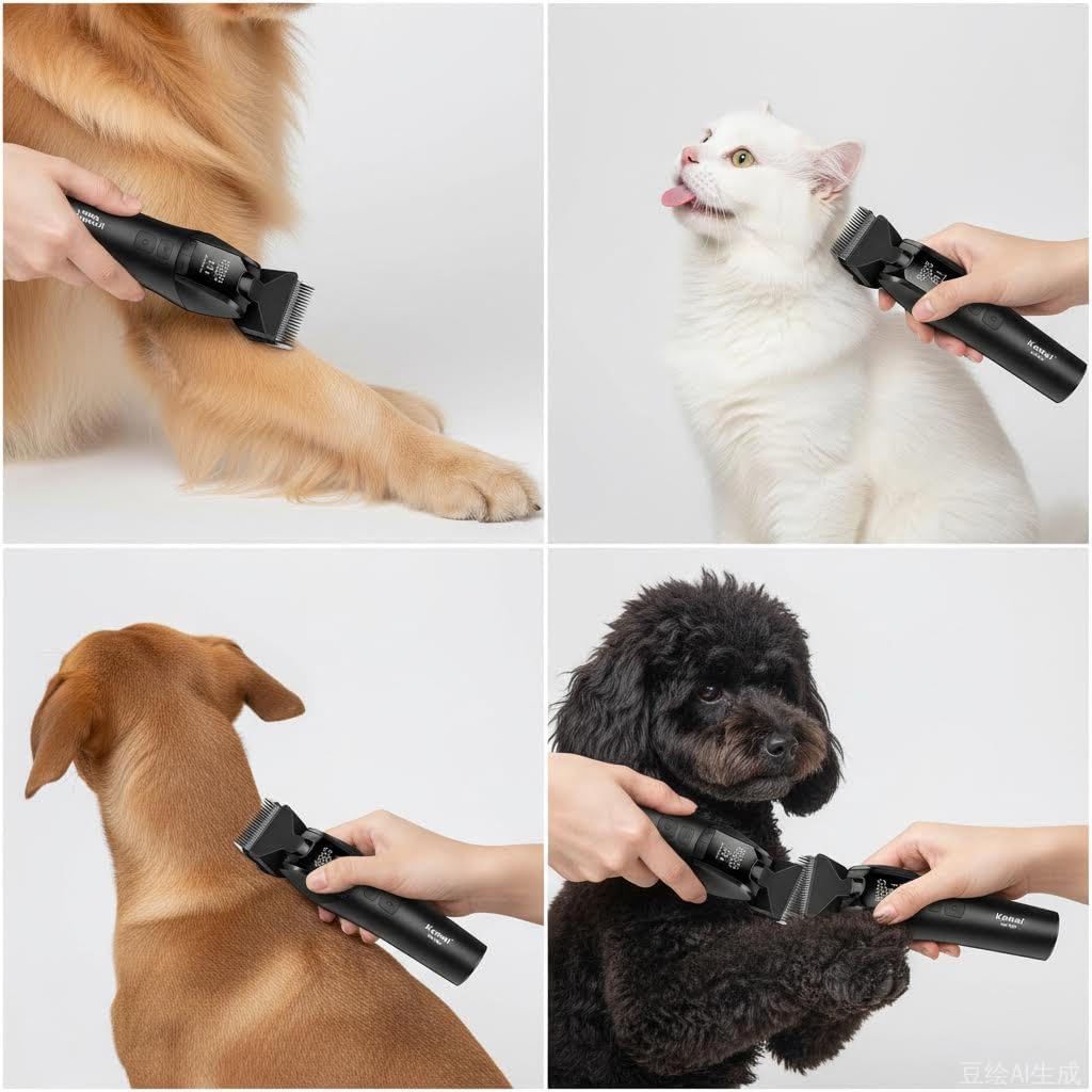 KEMEI-1857 Dog Grooming Clippers & Cat Grooming Kit, Professional Cordless Trimmer with LED Display, 4 Adjustable Guide Combs (3/6/9/12mm), USB Rechargeable, Low Noise for Home Pet Grooming
