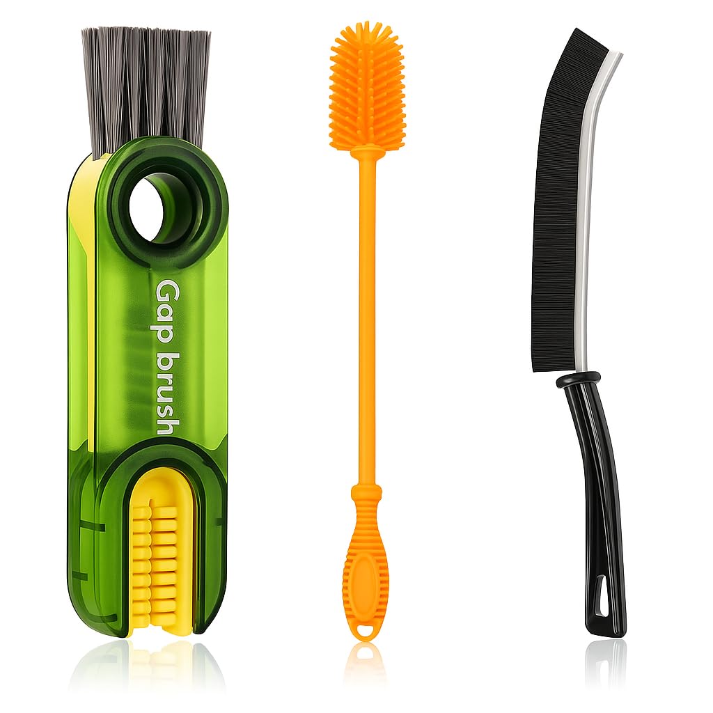 Sarthu Pack of 3 Brushes Combo, 3 in 1 Multifunctional Bottle & Lid Cleaning Brush + Long Handle Silicone Bottle Brush + Hard Bristle Gap Brush, Bottle, Straw, Lid, Crevice & Tile Cleaner,Multicolor