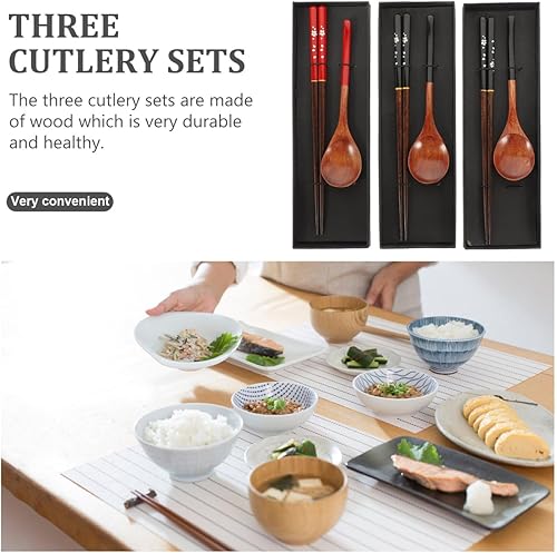 Miniatura 3 de FELTECHELECTR Juego de cuchara y palillos de madera, 3 pares de utensilios reutilizables de estilo japonés para viajes de picnic y uso diario