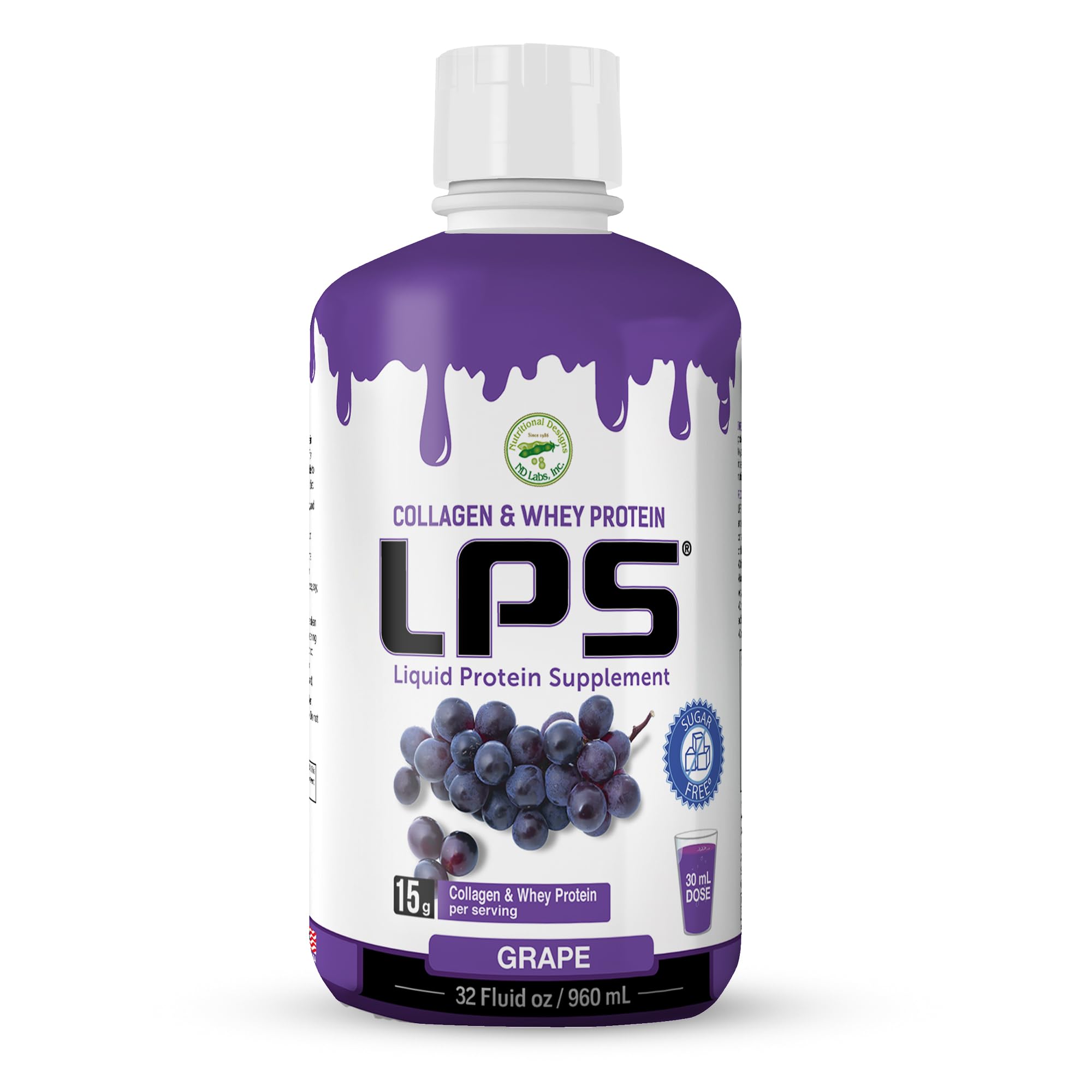 Nutritional Designs Líquido de Colágeno Hidrolisado e Peptídeos de Proteína Whey, sabor uva, 946 mL