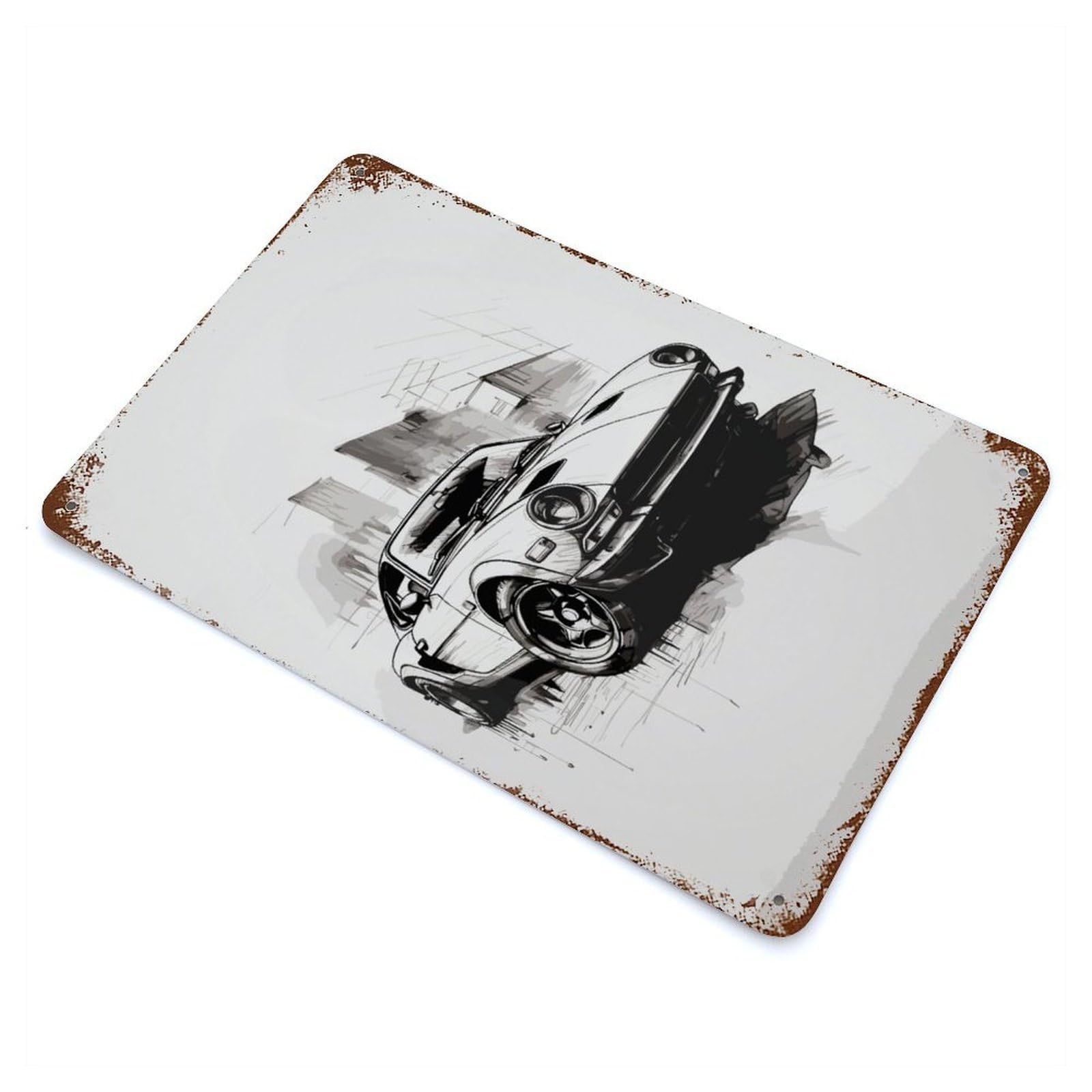 Distressed Metal Wall Sign Fast Car Sketch Art 11.8"x7.9", Decorative Metal Wall Art for Farmhouse, Kitchen And Entryway Decor