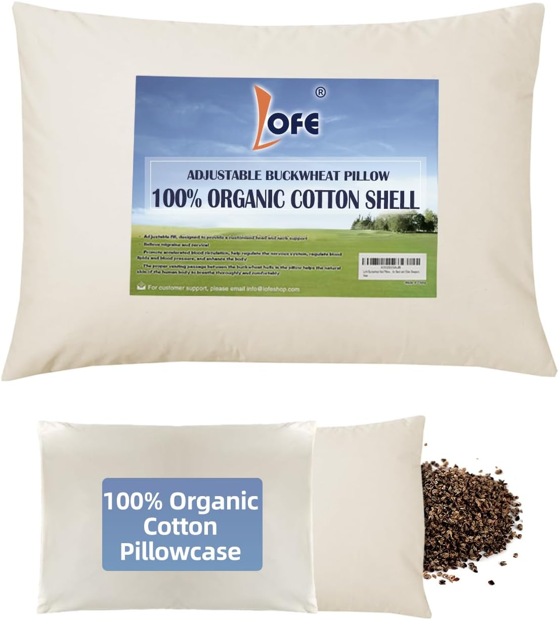 LOFE Organic Buckwheat Pillow for Sleeping - Queen Size 20''x26'', Adjustable Loft, Breathable for Cool Sleep, Cervical Support for Back and Side Sleepers(Tartary Buckwheat Hulls)