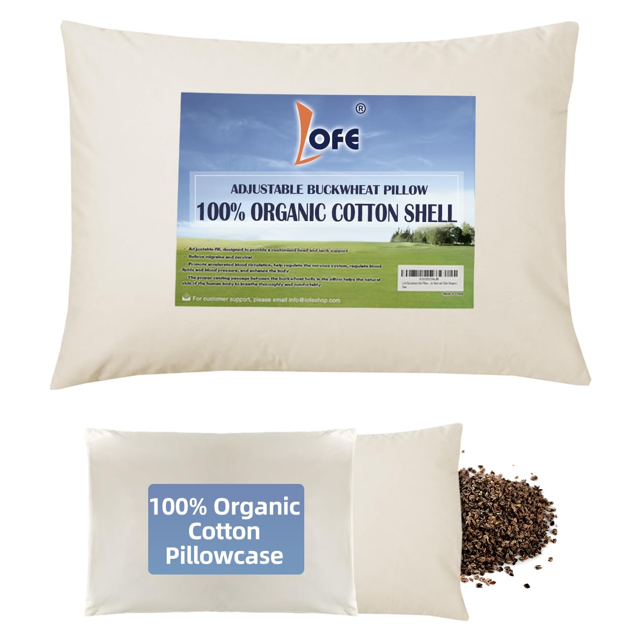 LOFE Organic Buckwheat Pillow for Sleeping - 14''x20'', Adjustable Loft, Breathable for Cool Sleep, Cervical Support for Back and Side Sleepers(Tartary Buckwheat Hulls)