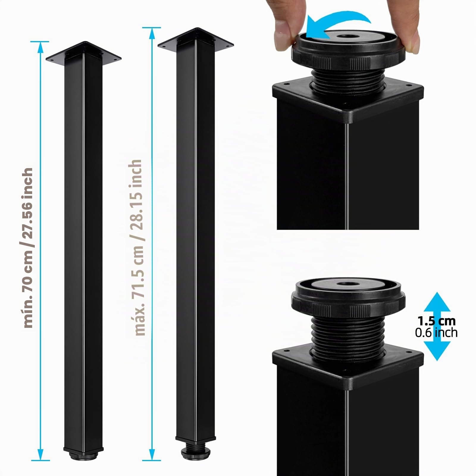 Jahof Patas para Mesa Regulables 70cm, Pies para Muebles Ajustables, Calibre 50x50mm, Juego de Piernas de Acero con Tornillos para Escritorio, Encimera (4 Piezas, Negro)