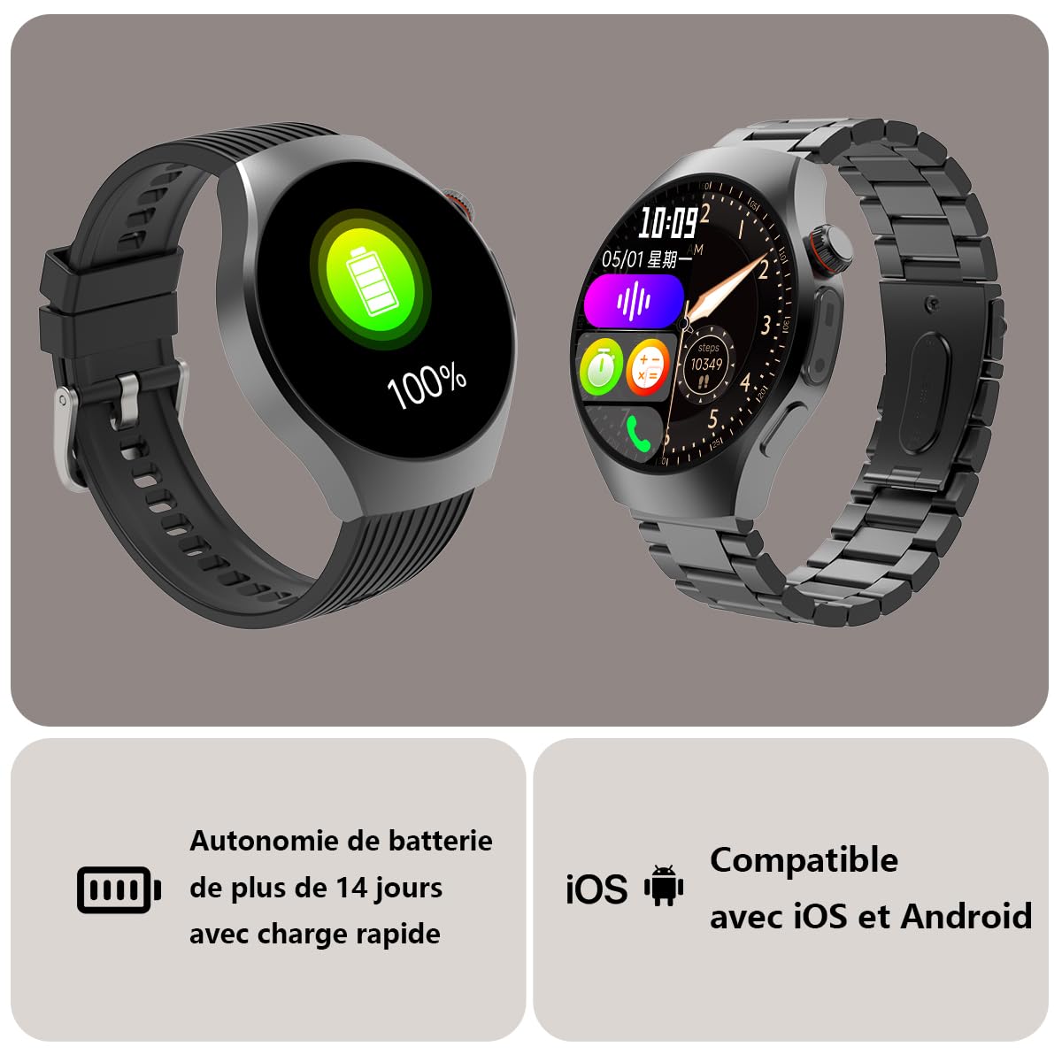 Montre Connectée Fitness Hommes Femmes ECG/Fréquence Cardiaque/Pression Artérielle/Calories/Moniteur Sommeil Tracker Activité 1,56 AMOLED Appels Bluetooth 14 Jours Autonomie