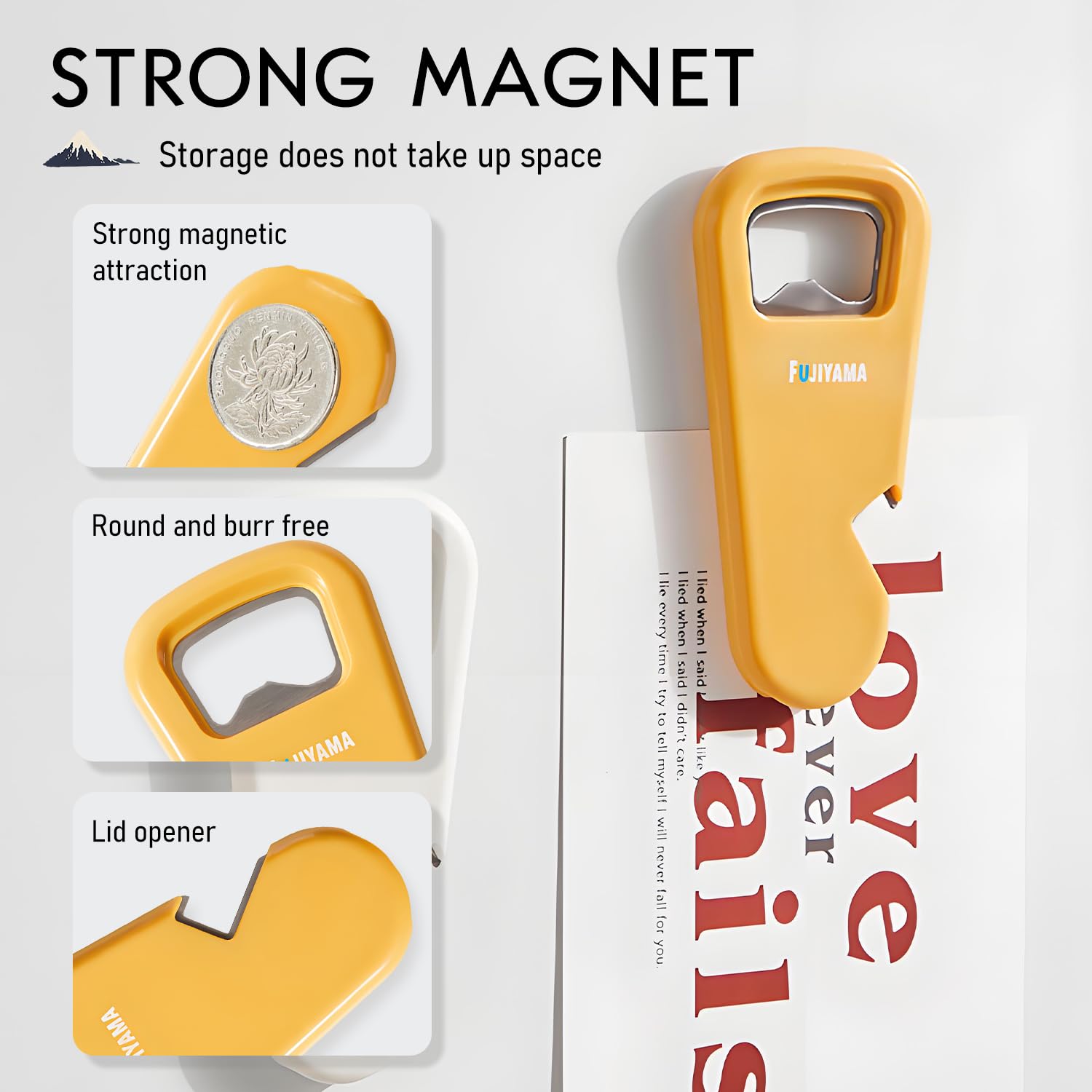 Abrebotellas Magnético 3 en 1 de Acero Inoxidable, Destapador Personalizado Forma Monte Fuji para Nevera - Amarillo
