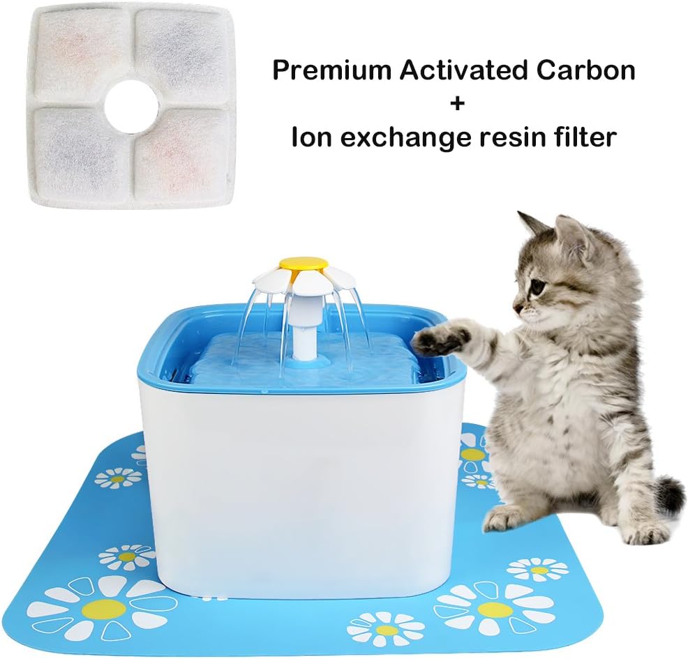 ELEOPTION Pet Cat Water Fountain Auto Flow Surper Quiet for Cat Dog Water Dispenser Recycle Drinking Small Fountain 2.5L Pefect for Small Pets Electric Drinking Bowl (Cube Fountain Blue-2.5L)