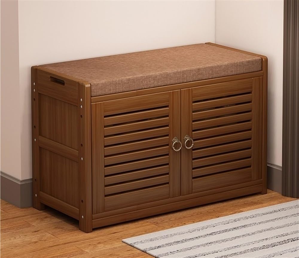 Banc de rangement à chaussures en bambou marron de 70 cm avec siège rembourré pour l'entrée