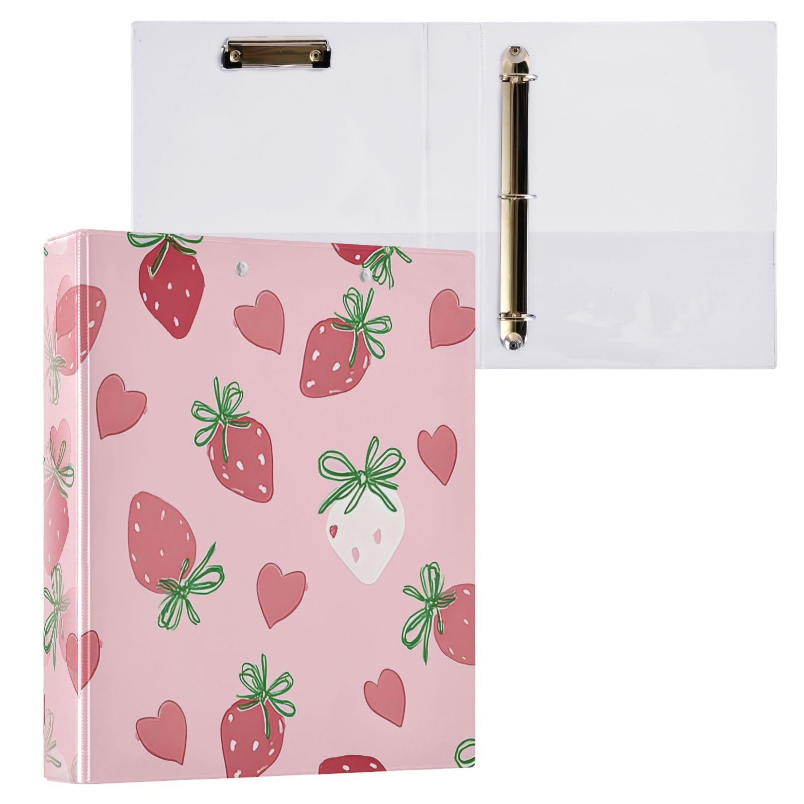 3 Ring Binder Strawberry Bow Heart Pattern 1.5 Inch Round Rings Holds 200 Sheets,3Ring Binders with Anti-Slip Metal Clip